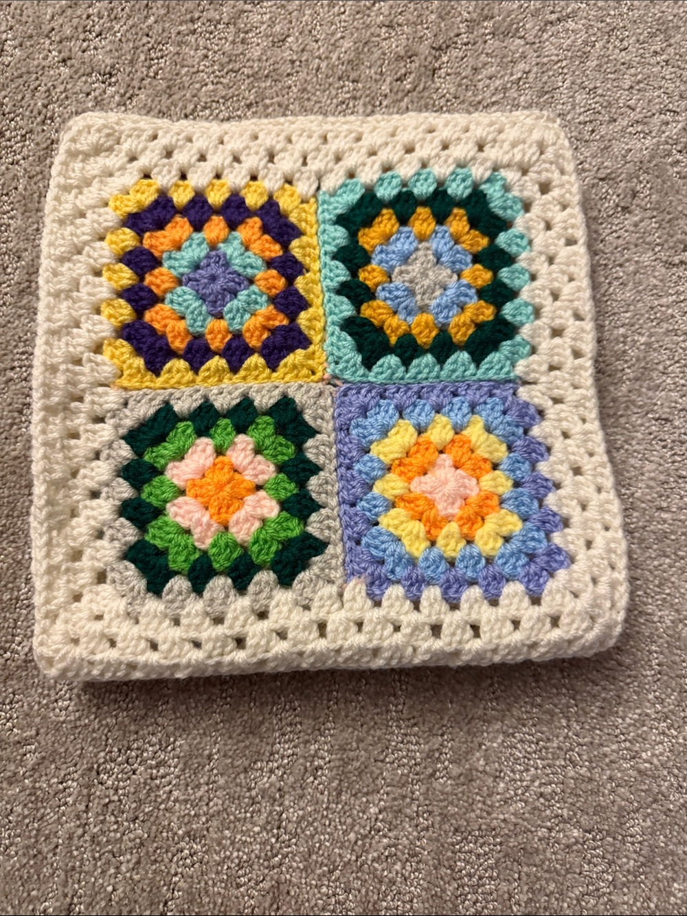 Handmade Cream Granny Square Crochet Cushion Cover with Multicolor Squares